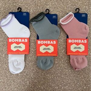 Bombas Set of 3 Lightweight Quarter Socks Ruffle White Green Pink Women’s Small
